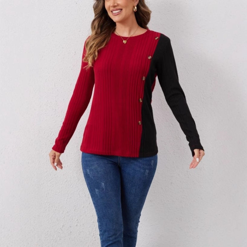 Pull Col Rond à Rayures Enfoncées – Style Moderne et Détails Contrastés