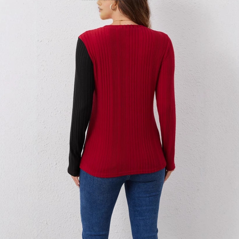 Pull Col Rond à Rayures Enfoncées – Style Moderne et Détails Contrastés